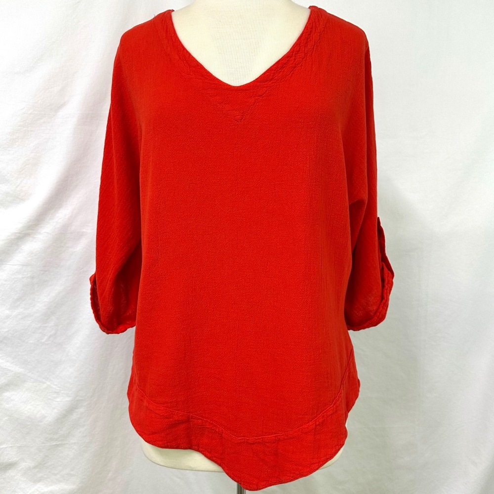 COTTONWAYS Red 100% Cotton Gauze V Neck Tunic Womens 2 L/XL Lagenlook Boxy Beach